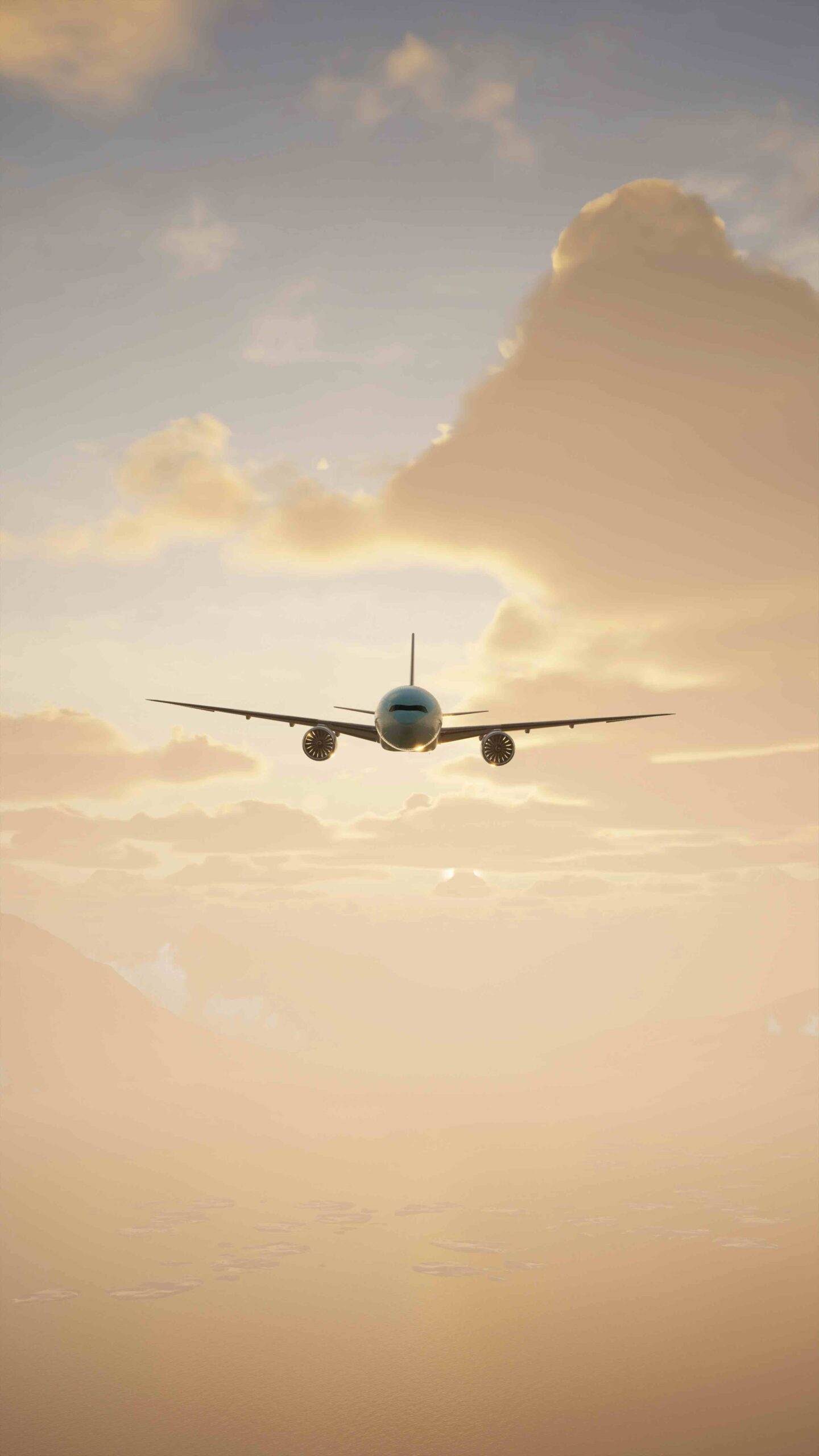 Front view of plane coming in for landing in the sunset