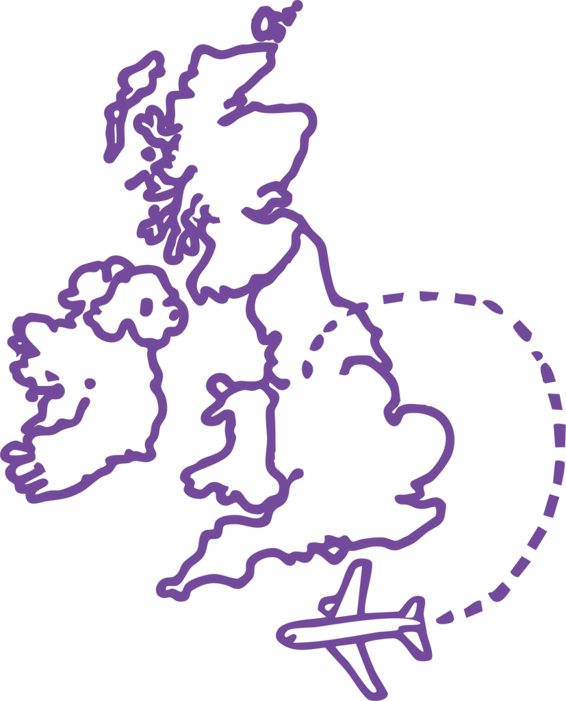 Outline of the United Kingdom with a plane flying away from it. 