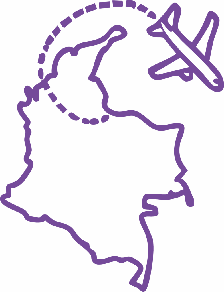 Outline of the country of Columbia with a plane flying over it. viewed form above. 