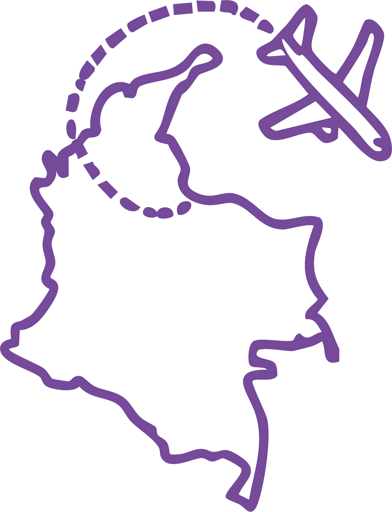 Outline of the country of Columbia with a plane flying over it. viewed form above.