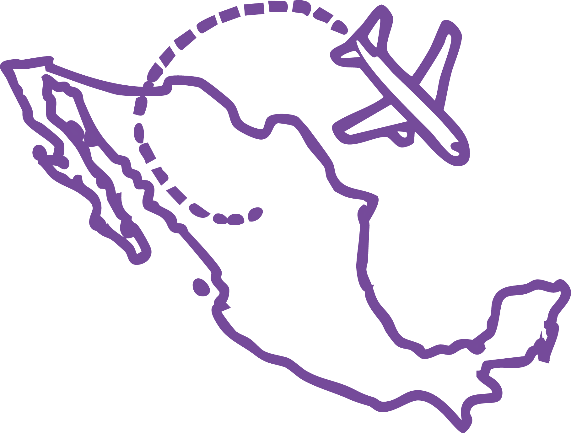 Outline of the country of Mexico with a plane flying over it viewed from above.