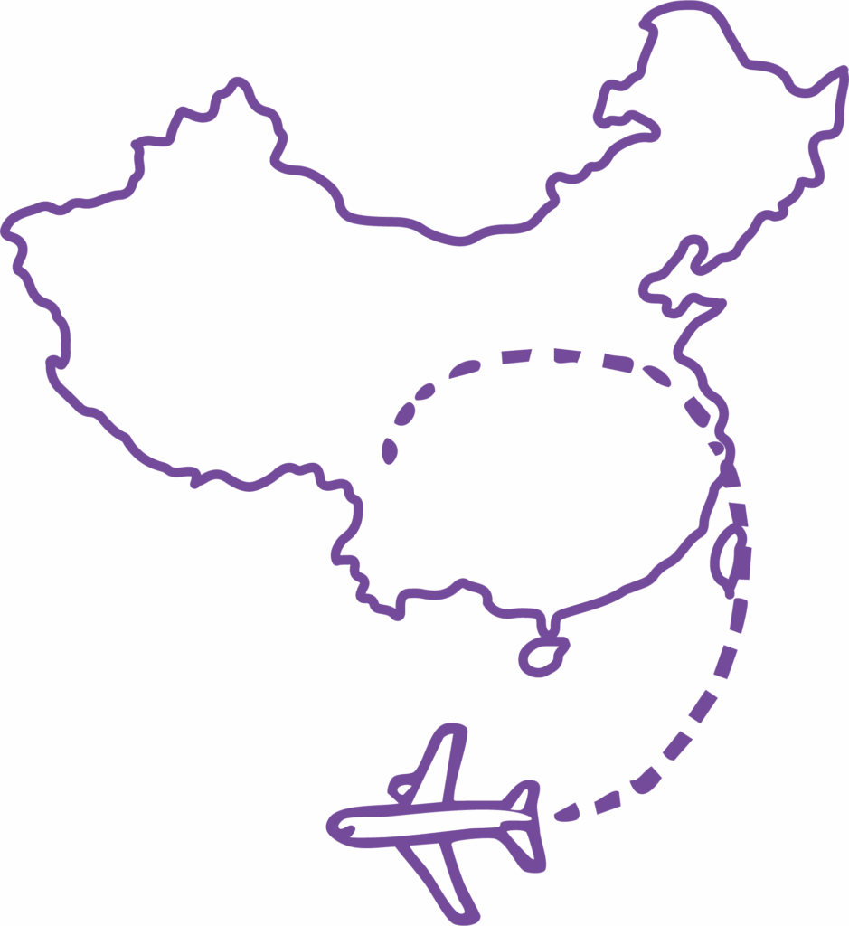 Chine line drawing with a airplane flying over it.