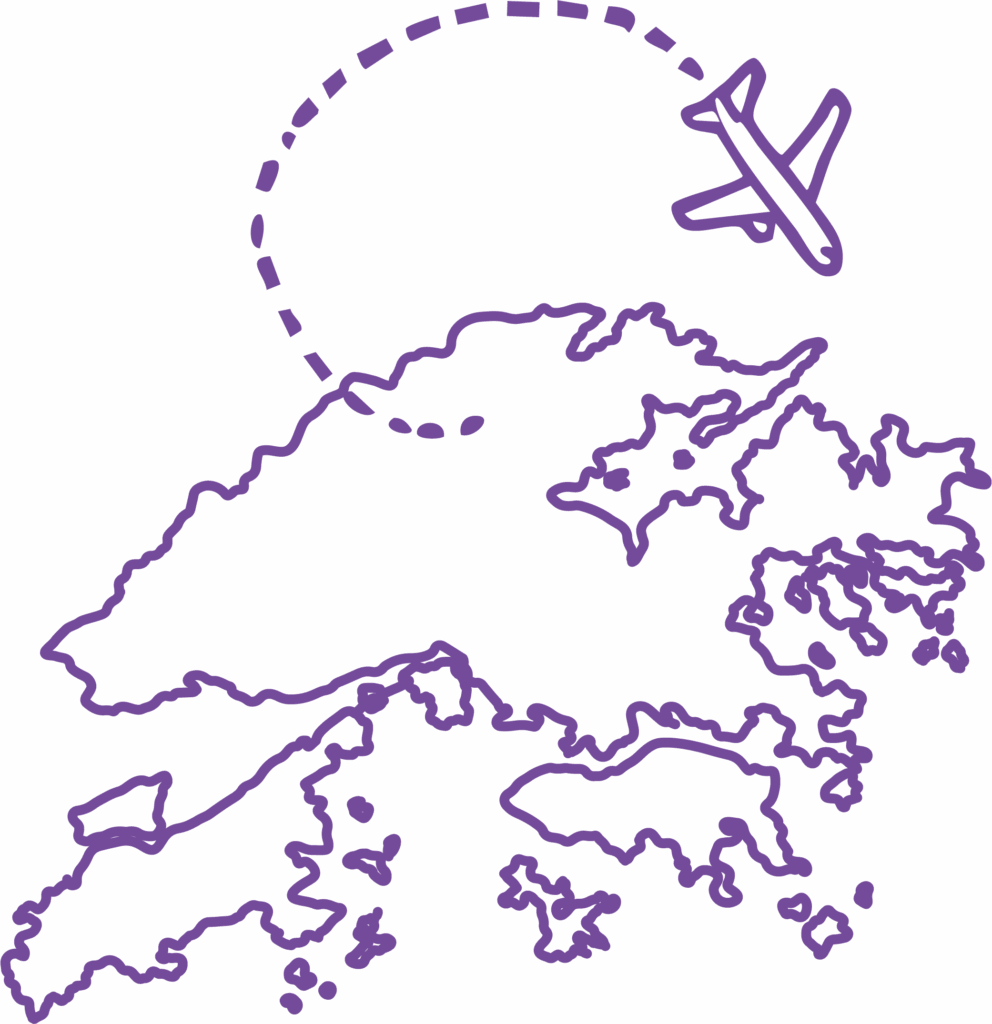 outline of Hong Kong with a plane flying over it.